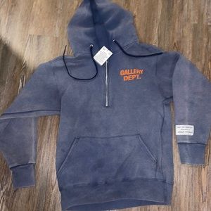 GALLERY DEPT. oversized half-zip logo hoodie in faded indigo navy color.